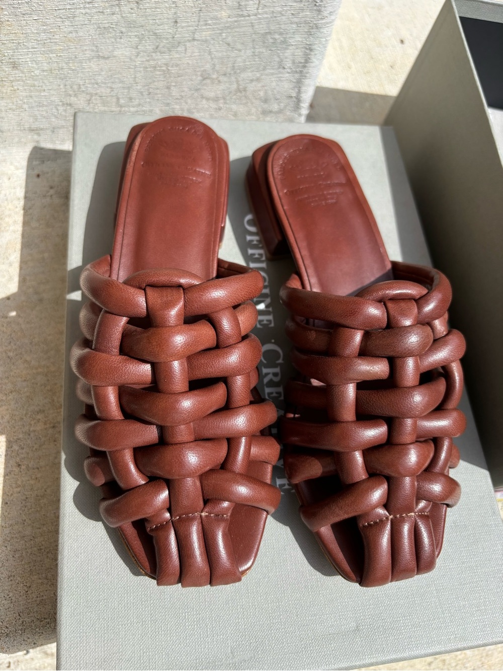 Officine Creative Cognac Braided Leather Slide Sandals